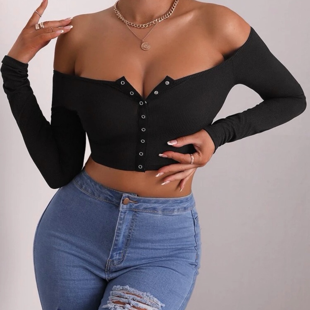 Black Off-Shoulder Button-Up Top
